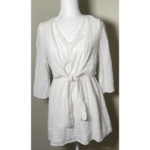 Entro White Dress S Small Rayon Tie Front Flared Long Sleeve V Neck Boho Vintage